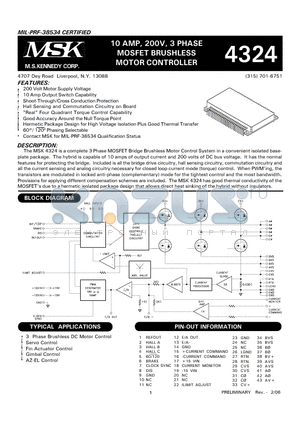 MSK4324D datasheet - 10 AMP, 200V, 3 PHASE MOSFET BRUSHLESS MOTOR CONTROLLER