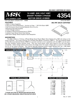 MSK4354EU datasheet - 10 AMP, 600 VOLT IGBT SMART POWER 3-PHASE MOTOR DRIVE HYBRID