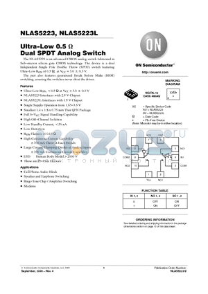 NLAS5223 datasheet - Ultra-Low 0.5 ohm Dual SPDT Analog Switch