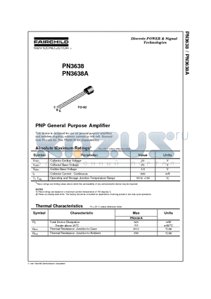 PN3638A datasheet - PNP General Purpose Amplifier