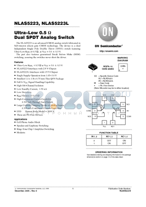 NLAS5223MNR2G datasheet - Ultra−Low 0.5ohm Dual SPDT Analog Switch