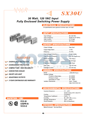 SX30U datasheet - 30 Watt, 120 VAC Input Fully Enclosed Switchiing Power Supply