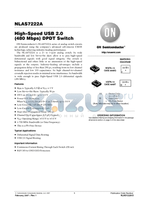NLAS7222A datasheet - High−Speed USB 2.0 (480 Mbps) DPDT Switch