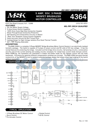 MSK4364E datasheet - 5 AMP, 55V, 3 PHASE MOSFET BRUSHLESS MOTOR CONTROLLER