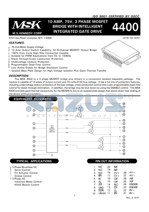 MSK4400S datasheet - 10 AMP, 75V, 3 PHASE MOSFET BRIDGE WITH INTELLIGENT INTEGRATED GATE DRIVE