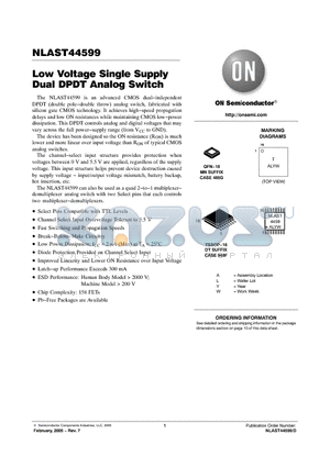 NLAST44599MNR2G datasheet - Low Voltage Single Supply Dual DPDT Analog Switch