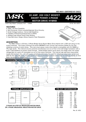 MSK4422G datasheet - 20 AMP, 200 VOLT MOSFET SMART POWER 3-PHASE MOTOR DRIVE HYBRID