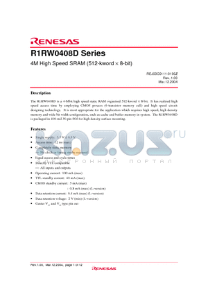 R1RW0408DGE-2LR datasheet - 4M High Speed SRAM (512-kword x 8-bit)