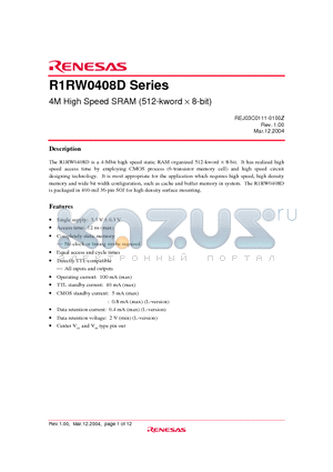 R1RW0408DGE-2PR datasheet - 4M High Speed SRAM (512-kword x 8-bit)