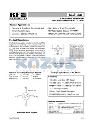 NLB-300 datasheet - CASCADABLE BROADBAND GaAs MMIC AMPLIFIER DC TO 10GHz