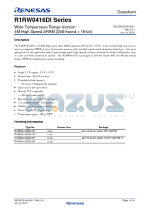 R1RW0416DGE-2PI datasheet - Wide Temperature Range Version 4M High Speed SRAM (256-kword  16-bit)