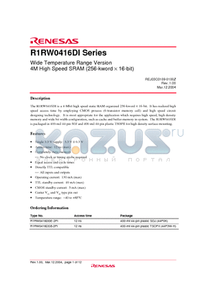 R1RW0416DSB-2PI datasheet - Wide Temperature Range Version 4M High Speed SRAM (256-kword  16-bit)