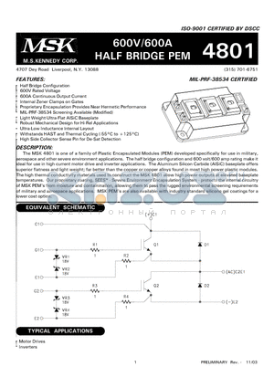 MSK4801 datasheet - 600V/600A HALF BRIDGE PEM