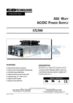 SX500 datasheet - 500 WATT AC/DC POWER SUPPLY