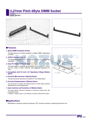 SX4BA-168S-1.27DSA datasheet - 1.27mm Pitch 8Byte DIMM Socket