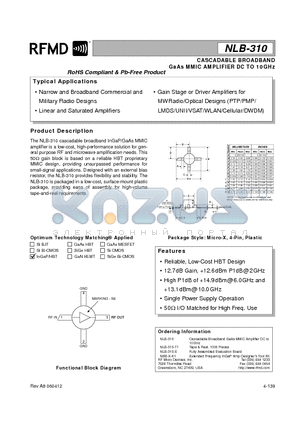 NLB-310_06 datasheet - CASCADABLE BROADBAND GaAs MMIC AMPLIFIER DC TO 10GHz