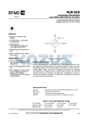 NLB-310_1 datasheet - CASCADABLE BROADBAND GaAs MMIC AMPLIFIER DC TO 10GHz