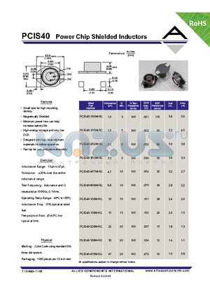 PCIS40-100M-RC datasheet - Power Chip Shielded Inductors