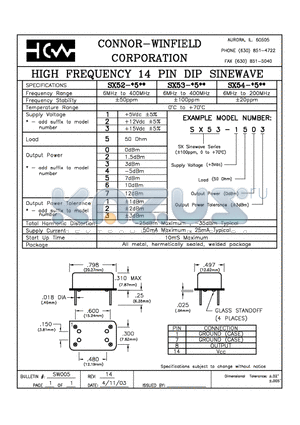 SX52-1552 datasheet - HIGH FREQUENCY 14 PIN DIP SINEWAVE