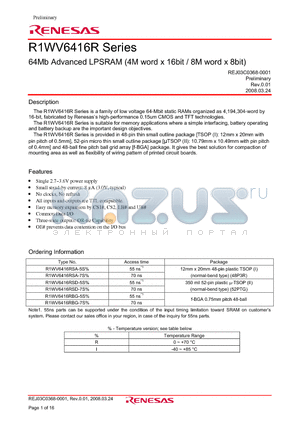 R1WV6416RSA-7SR datasheet - 64Mb Advanced LPSRAM (4M word x 16bit / 8M word x 8bit)