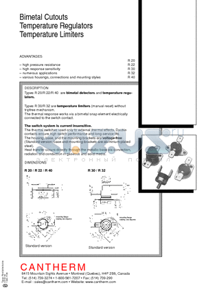 R20 datasheet - Bimetal Cutouts Temperature Regulators Temperature Limiters