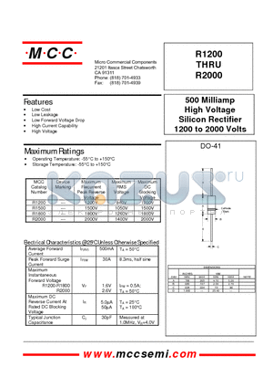 R2000 datasheet - 500 Milliamp High Voltage Silicon Rectifier 1200 to 2000 Volts