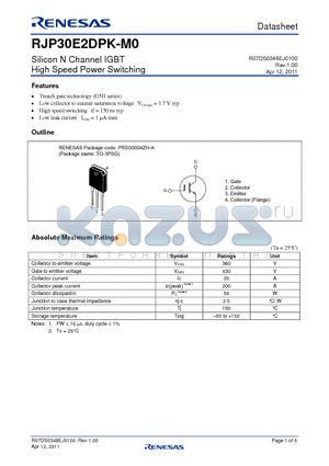 RJP30E2DPK-M0 datasheet - Silicon N Channel IGBT High Speed Power Switching