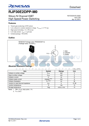 RJP30E2DPP-M0 datasheet - Silicon N Channel IGBT High Speed Power Switching