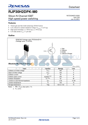 RJP30H2DPK-M0 datasheet - Silicon N Channel IGBT High speed power switching