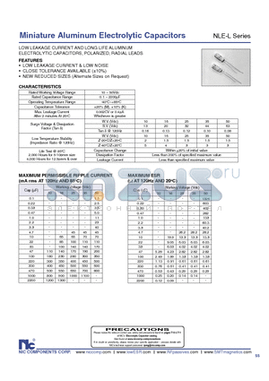 NLE-L100M1010X12.5F datasheet - Miniature Aluminum Electrolytic Capacitors