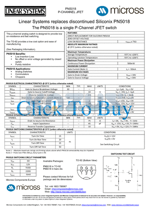 PN5018_TO-92 datasheet - a single P-Channel JFET switch