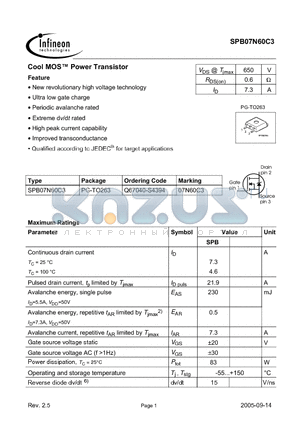 SPB07N60C3 datasheet - New revolutionary high voltage technology Ultra low gate charge Extreme dv/dt rated