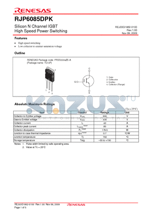 RJP6085DPK datasheet - Silicon N Channel IGBT High Speed Power Switching