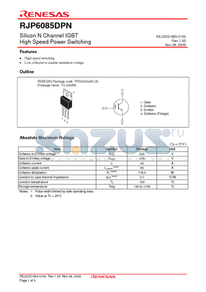 RJP6085DPN datasheet - Silicon N Channel IGBT High Speed Power Switching