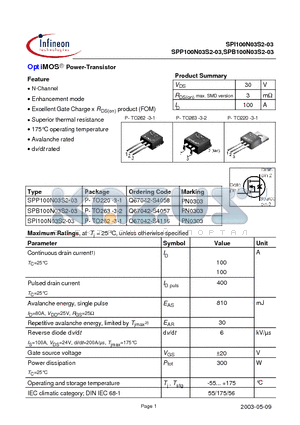 SPB100N03S2-03 datasheet - OptiMOS Power-Transistor