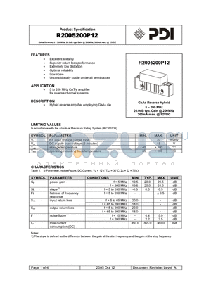 R2005200P12 datasheet - GaAs Reverse, 5 - 200MHz, 20.0dB typ. Gain @ 200MHz, 360mA max. @ 12VDC