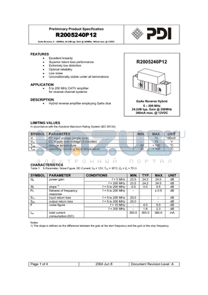 R2005240P12 datasheet - GaAs Reverse, 5 - 200MHz, 24.2dB typ. Gain @ 200MHz, 360mA max. @ 12VDC