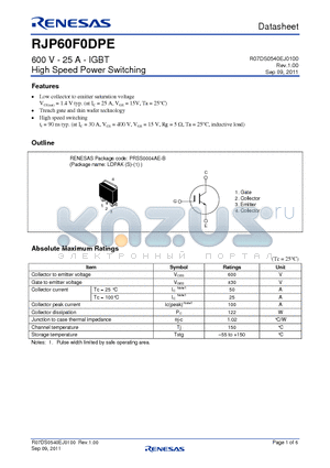 RJP60F0DPE datasheet - 600 V - 25 A - IGBT High Speed Power Switching