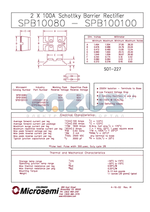 SPB10100 datasheet - 2 X 100A SCHOTTKY BARRIER RECTIFIER