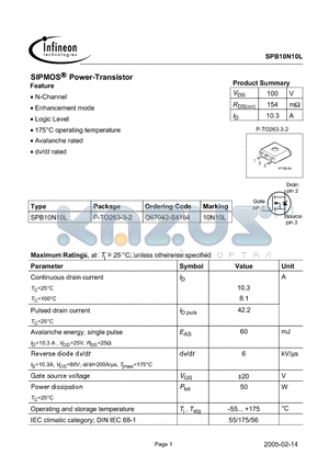 SPB10N10L datasheet - SIPMOS Power-Transistor