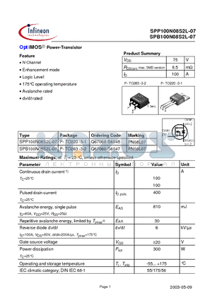 SPB100N08S2L-07 datasheet - OptiMOS Power-Transistor