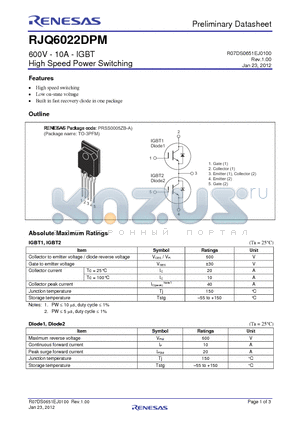 RJQ6022DPM datasheet - 600V - 10A - IGBT High Speed Power Switching