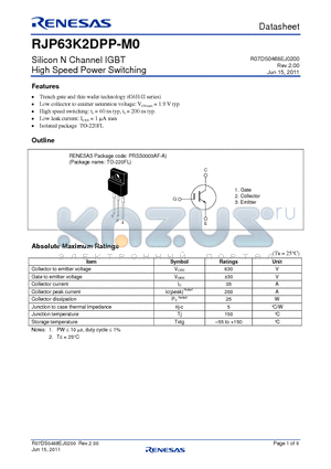 RJP63K2DPP-M0 datasheet - Silicon N Channel IGBT High Speed Power Switching