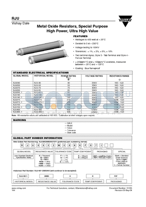 RJU datasheet - Metal Oxide Resistors, Special Purpose High Power, Ultra High Value