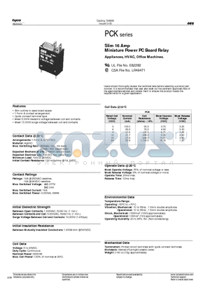 PCK-105D2M datasheet - Slim 16 Amp Miniature Power PC Board Relay