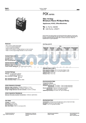 PCK-105D2M000 datasheet - Slim 16 Amp Miniature Power PC Board Relay