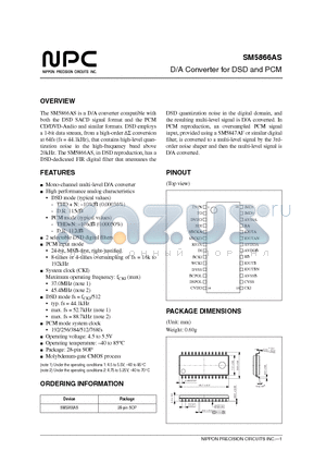 SM5866AS datasheet - D/A Converter for DSD and PCM