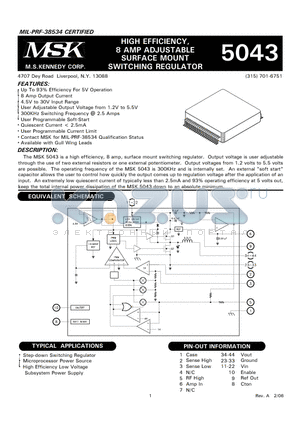 MSK5043G datasheet - HIGH EFFICIENCY, 8 AMP ADJUSTABLE SURFACE MOUNT SWITCHING REGULATOR