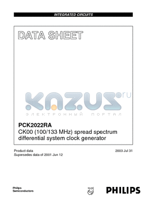 PCK2022RA datasheet - CK00 (100/133 MHz) spread spectrum differential system clock generator