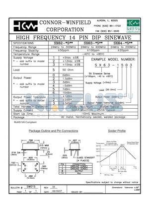 SX62-1503 datasheet - HIGH FREQUENCY 14 PIN DIP SINEWAVE